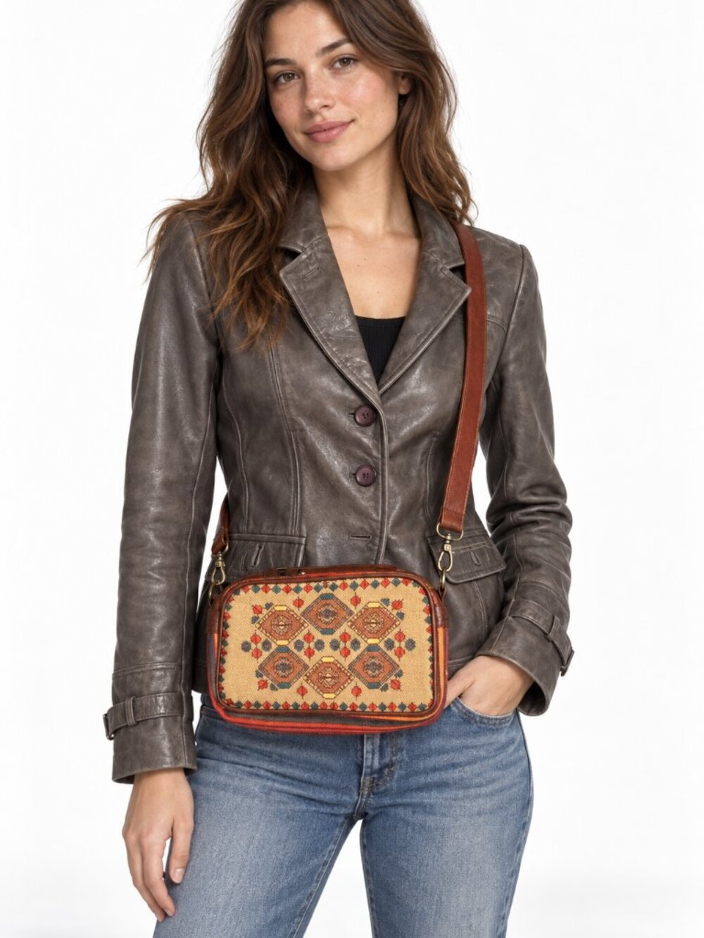 Danier Vintage Grey Genuine Leather Blazer Jacket & Crossbody Bag XS/TP